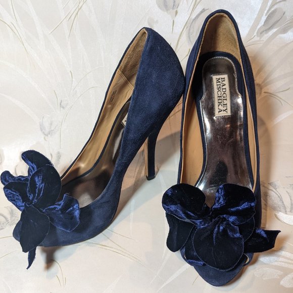 Badgley Mischka Shoes - Badgley Mischka Blue Suede Peep Toe Pumps with Adjustable Flower